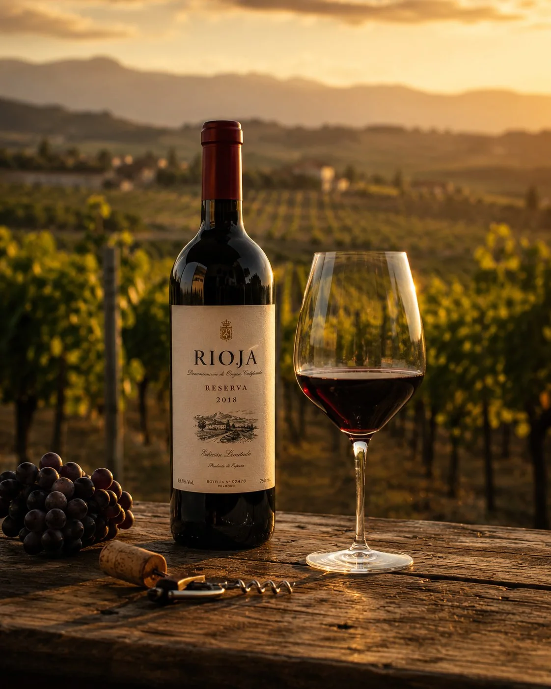 Fotografía B: botella y copa de vino al atardecer en viñedo